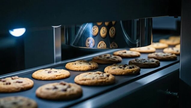 Machine processing line, cookies with chocolate chips being baked and inspected under a metal apparatus