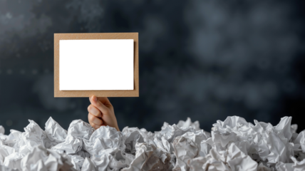a hand holding up a transparent sign or blank placard, perfectly positioned above a textured pile of heavily crumpled paper,themes of communication, waste, or decision-making.

