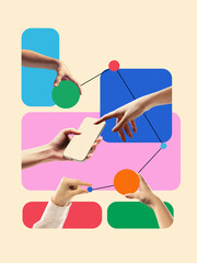 Graphic composition. Hands holding smartphone and colorful geometric shapes. Concept of teamwork,...