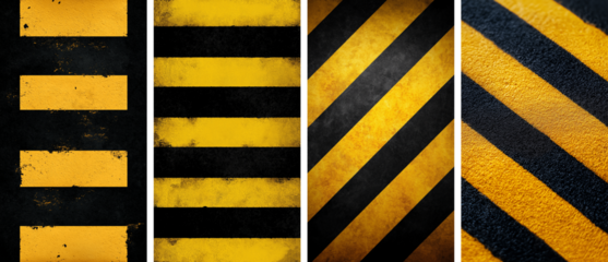 aged black and yellow striped background texture resembling heavily worn street signs or warning board markings painted directly onto rough concrete, ideal for urban road safety and industrial design 