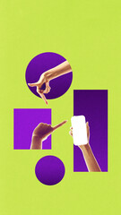 Abstract composition with smartphone and expressive hand gestures on green and purple background. Concept of creativity, interaction, and digital design for modern branding and UX visual content.