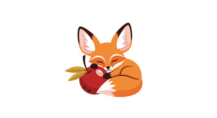 Fototapeta premium A cute cartoon fox sleeps soundly holding a red apple with leaves.
