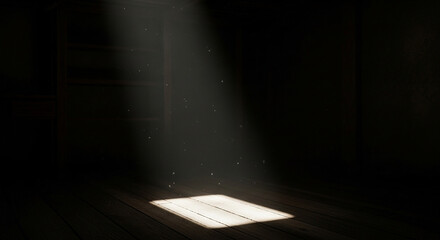 A dramatic shaft of light illuminates a dusty wooden floor, creating a sense of mystery and highlighting texture