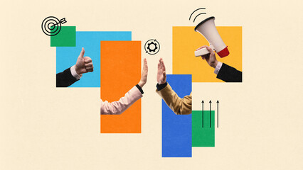 Creative collage of hands with megaphone thumbs up and geometric shapes representing teamwork. Concept of motivation, leadership, and collaboration for business, communication, and marketing visuals.