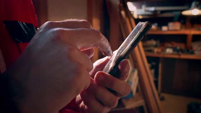 A close-up of a man's hands interacting with a smartphone.