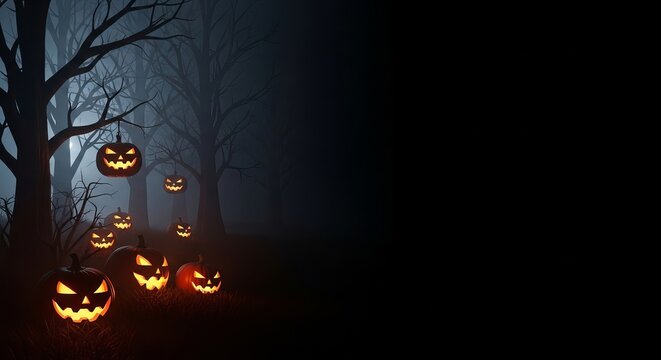 Spooky halloween night scene with glowing pumpkins in a misty forest