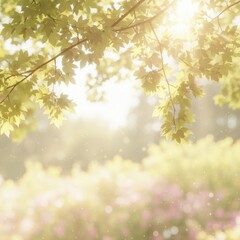 Delicate green leaves hanging from tree branches under soft golden sunlight, with a dreamy garden background in warm tones.