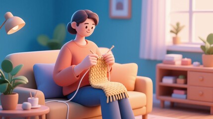 3D cartoon illustration of a smiling woman knitting a chunky knit scarf in a cozy living room at evening. Concept of relaxing hobby, mindfulness, slow living and hygge lifestyle.