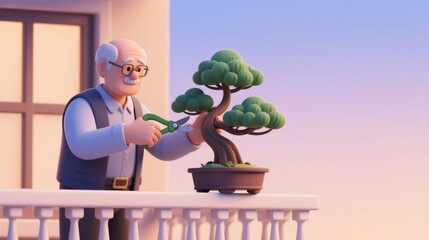 3D cartoon illustration of a smiling senior man carefully pruning a bonsai tree on a balcony at sunset. Concept of a retirement hobby, mindfulness, and calm lifestyle.