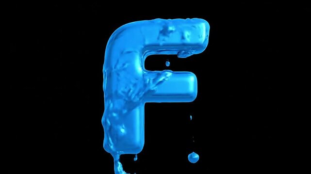Blue liquid letter F dripping and flowing against a dark background