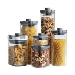 Clear glass food storage containers, various sizes and filled with pasta, nuts, and grains