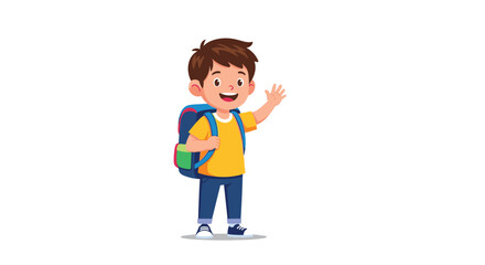 A happy young boy waving goodbye with a backpack on his shoulders.