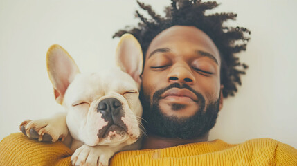 Close-up of a gentle African American man and his French Bulldog sleeping peacefully at home