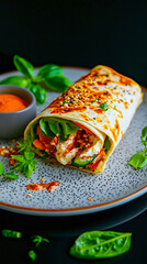 Close-up of a gourmet vegetarian wrap, a healthy meal with fresh ingredients on a modern plate against a dark background