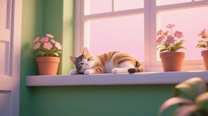 Soft 3D cartoon illustration of a cute cat relaxing on a windowsill in pastel light. Concept of home comfort, cozy hygge lifestyle, and calm.