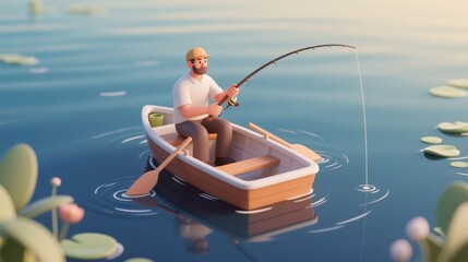 Soft 3D cartoon illustration of a fisherman character relaxing in a boat, fishing on a calm lake at sunset. Concept of hobby, mindfulness, digital detox, and slow living.