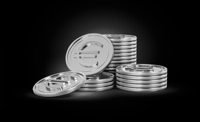 3d Stack Of Silver European Euro Coins Shiny Rounded Coins Stack On dark Background 3d Illustration