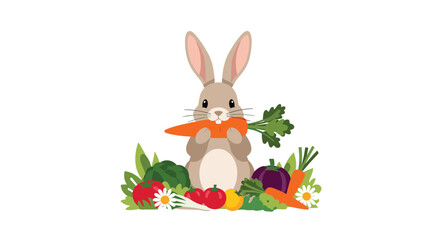 A cute rabbit enjoys a healthy carrot surrounded by fresh vegetables.