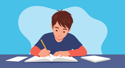 A young boy focused intently on his homework at a desk.