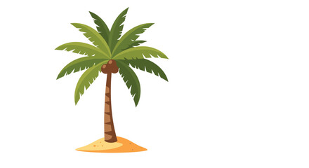 A lone palm tree stands tall on a sandy island with a white background.