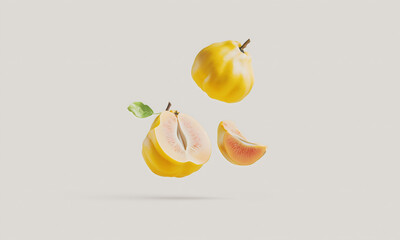 Creative food composition of fresh quince fruit levitating in the air