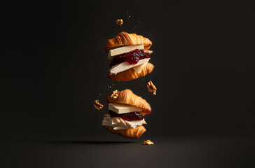 Creative food art of a deconstructed croissant sandwich with turkey and brie, levitating on a dark moody background