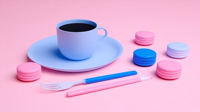 Charming pastel macarons and a cup of coffee offer a sweet, delightful break, perfect for showcasing indulgence and simple pleasures in vibrant style.