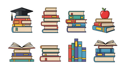 A collection of pixel art illustrations depicting stacks of books in various arrangements.