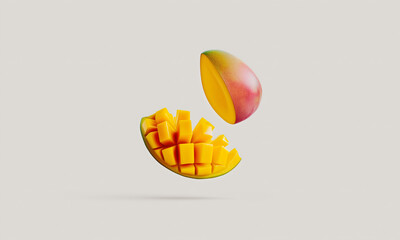Creative studio shot of a ripe mango with hedgehog cut, floating and isolated on a minimalist gray background