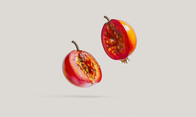 Creative studio shot of fresh sliced tamarillo exotic fruit levitating in the air