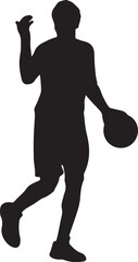 Silhouette of a basketball player dribbling the ball on a white background.
A black silhouette of a male basketball player in motion, dribbling a ball. The background is solid white.