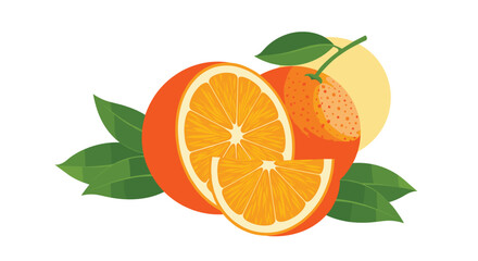 Fresh oranges with leaves and a slice on a white background.