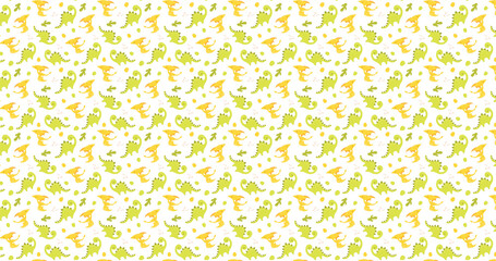 Seamless pattern of green dinosaurs and yellow pterodactyls on a white background design © Visual Graphics