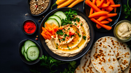Dark food photography of a homemade hummus platter with fresh vegetables and pita bread