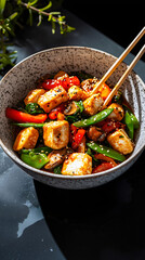 Dramatic dark food photography of a modern vegan tofu stir-fry in a ceramic bowl