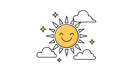 A cheerful sun shines brightly with clouds and sparkles in the sky.