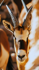 Dramatic editorial portrait of a majestic Oryx with an intense, calm gaze, standing as a powerful symbol of survival