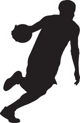 Silhouette of a basketball player dribbling the ball on a white background.
A black silhouette of a male basketball player in motion, dribbling a ball. The background is solid white.