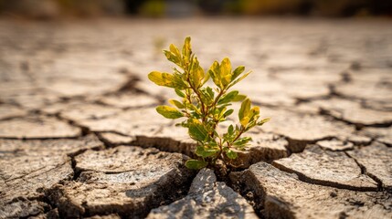 Green plant emerging from dry cracked earth, symbolizing resilience and hope in harsh conditions, showcasing nature's ability to thrive in adversity