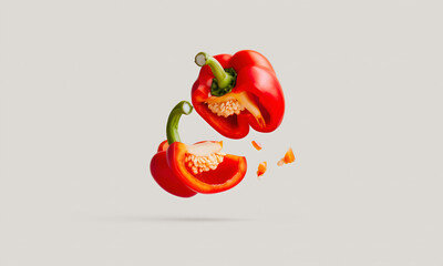 Dynamic burst of a fresh red bell pepper, sliced and levitating in mid-air
