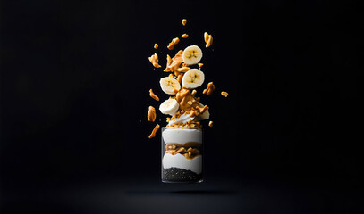 Dynamic food levitation of a healthy protein dessert with peanut butter and banana