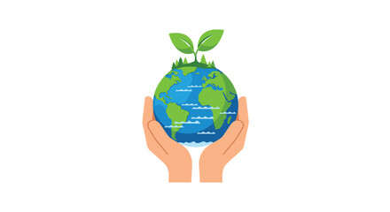 Hands holding a planet earth with green leaves growing on it symbol of environmental care.