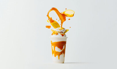 Dynamic splash of caramel sauce on a vanilla apple milkshake in a takeaway cup