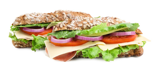 Tasty ciabatta sandwiches with cheese and vegetables isolated on white
