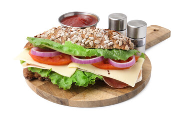 Tasty ciabatta sandwich with sauce and spices isolated on white