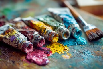 Close-up of messy, used paint tubes with thick, vivid acrylic or oil paint squeezed out onto a colorful artist palette