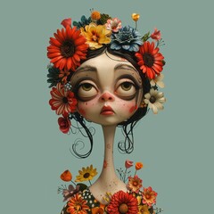 Stylized cartoon girl with large expressive eyes and a crown of colorful flowers, portraying emotion and fantasy charm.