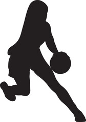 Silhouette of a basketball player dribbling the ball on a white background.
A black silhouette of a male basketball player in motion, dribbling a ball. The background is solid white.
