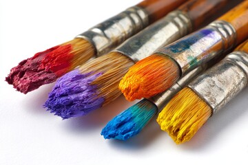 Colorful used paintbrushes with vibrant paint close-up