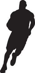 Silhouette of a basketball player dribbling the ball on a white background.
A black silhouette of a male basketball player in motion, dribbling a ball. The background is solid white.